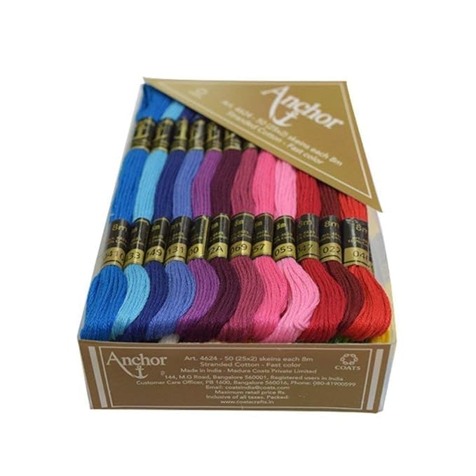 Anchor Cross Stich/Long Stich Embroidery Cotton Threads,Pack of 25, 8 Mt Each Skeins (Multicolour (25 Shades X 2 Each - 50 skeins))