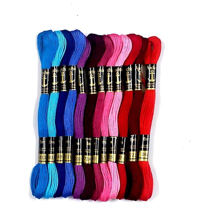 Anchor Cross Stich/Long Stich Embroidery Cotton Threads,Pack of 25, 8 Mt Each Skeins (Multicolour (25 Shades X 2 Each - 50 skeins))