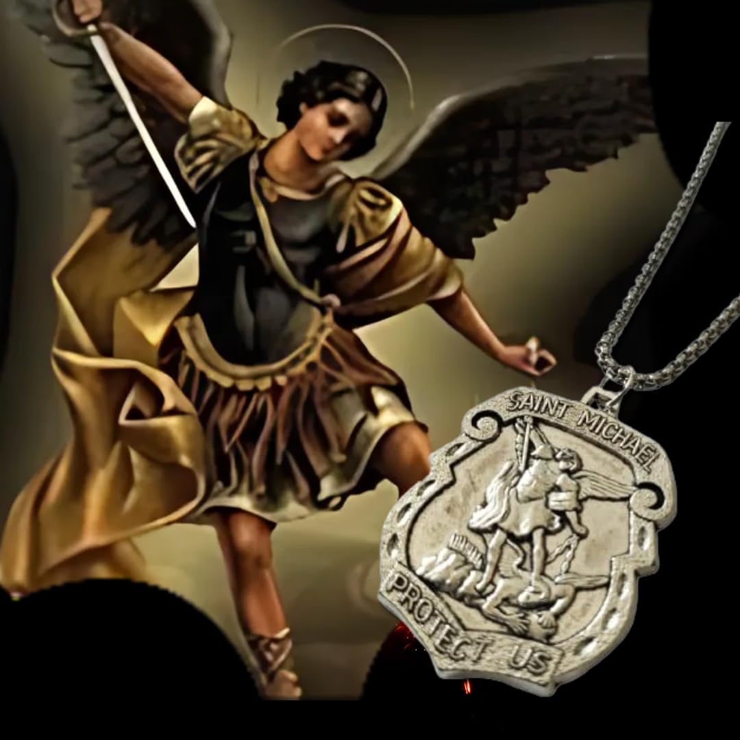 St Michael The Arch Angel Catholic Medal Pendant 1.5 Inch Stainless Steel Chain Set Of 1 For Unisex Adult